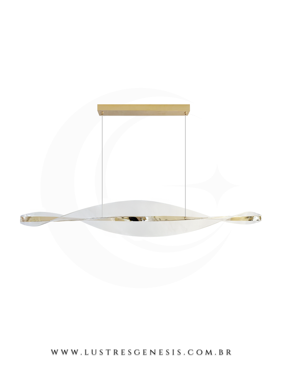 Lustre pendente de teto, com design moderno em forma de onda, estrutura em metal dourado e acrílico branco.